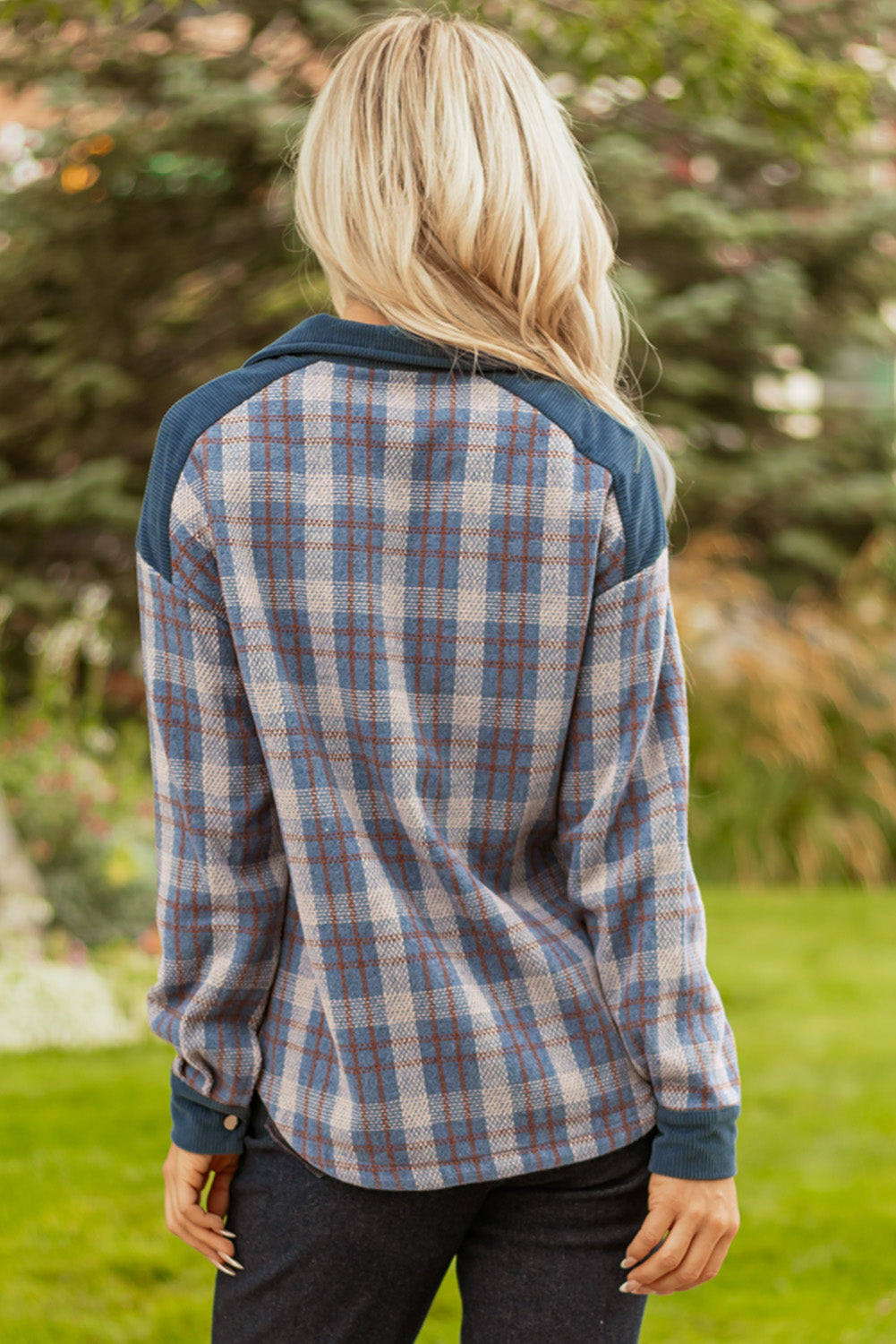 Plaid Corduroy Patchwork Zip-Up Snap-Button Jacket