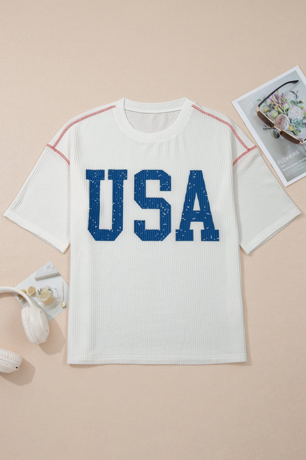 USA Corded Knit Short Sleeve Graphic Top