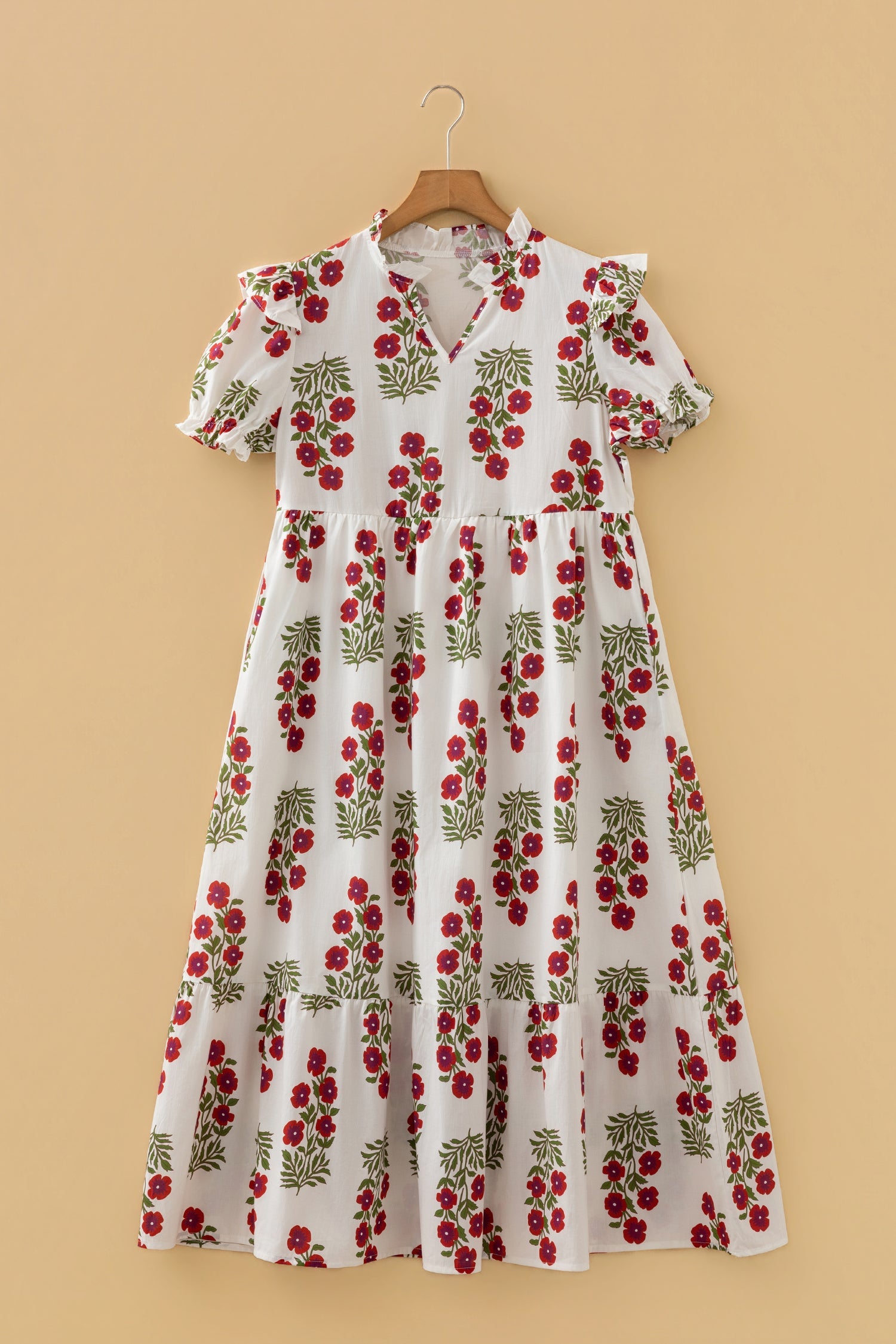 Floral Bubble Sleeve Tiered Maxi Dress