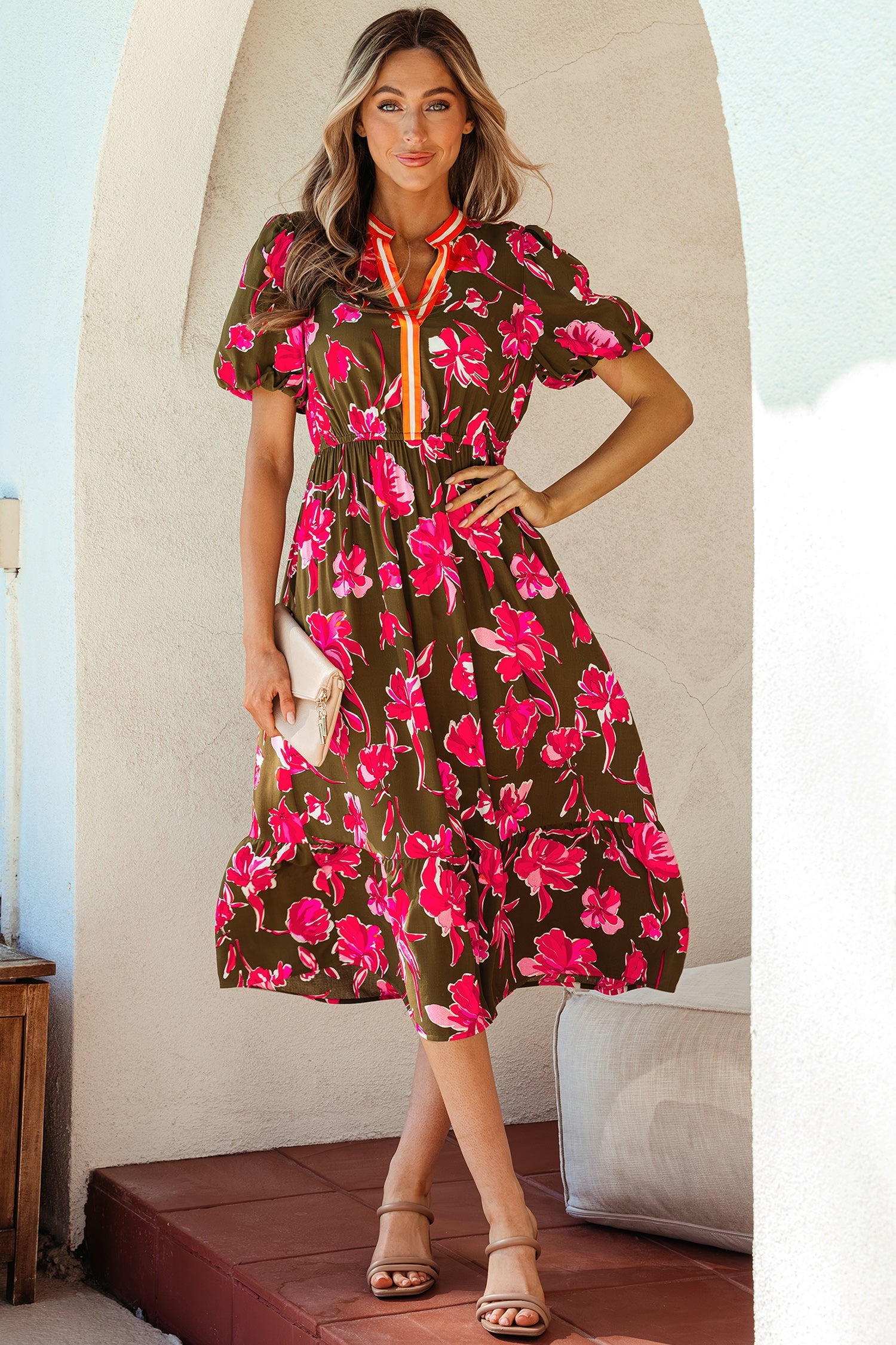 Floral Stripe Trim Short Puff Sleeve Maxi Dress