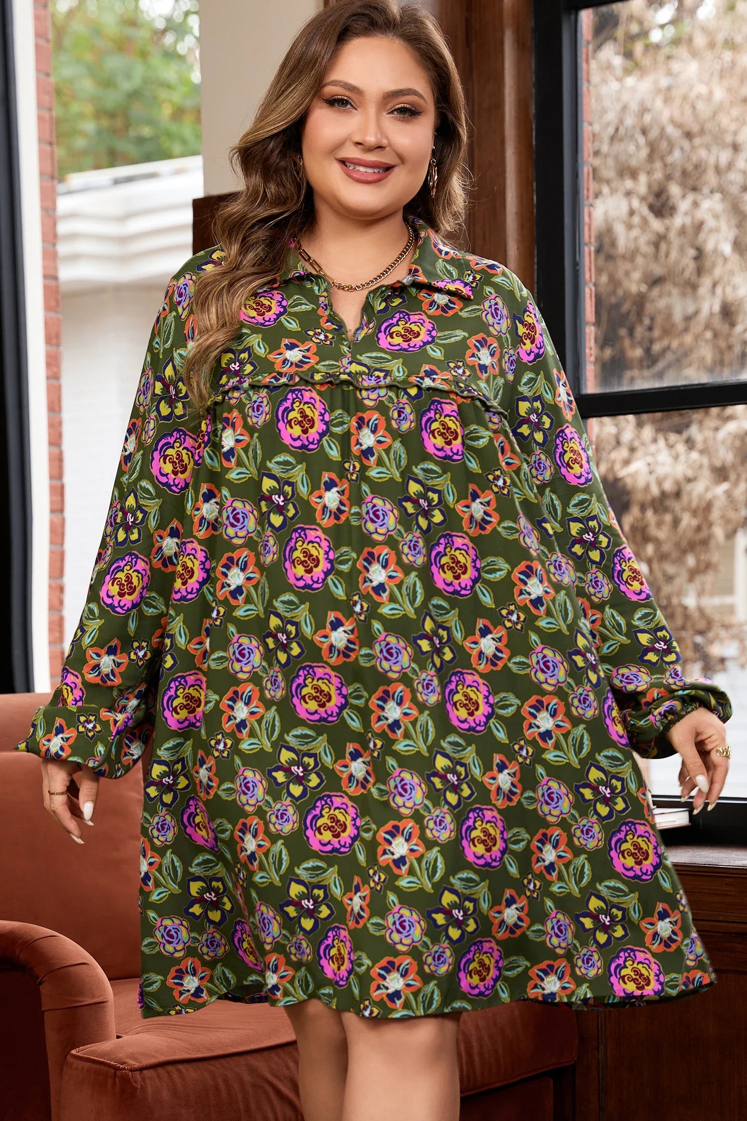 Plus Size Floral Collared V-Neck Mini Dress