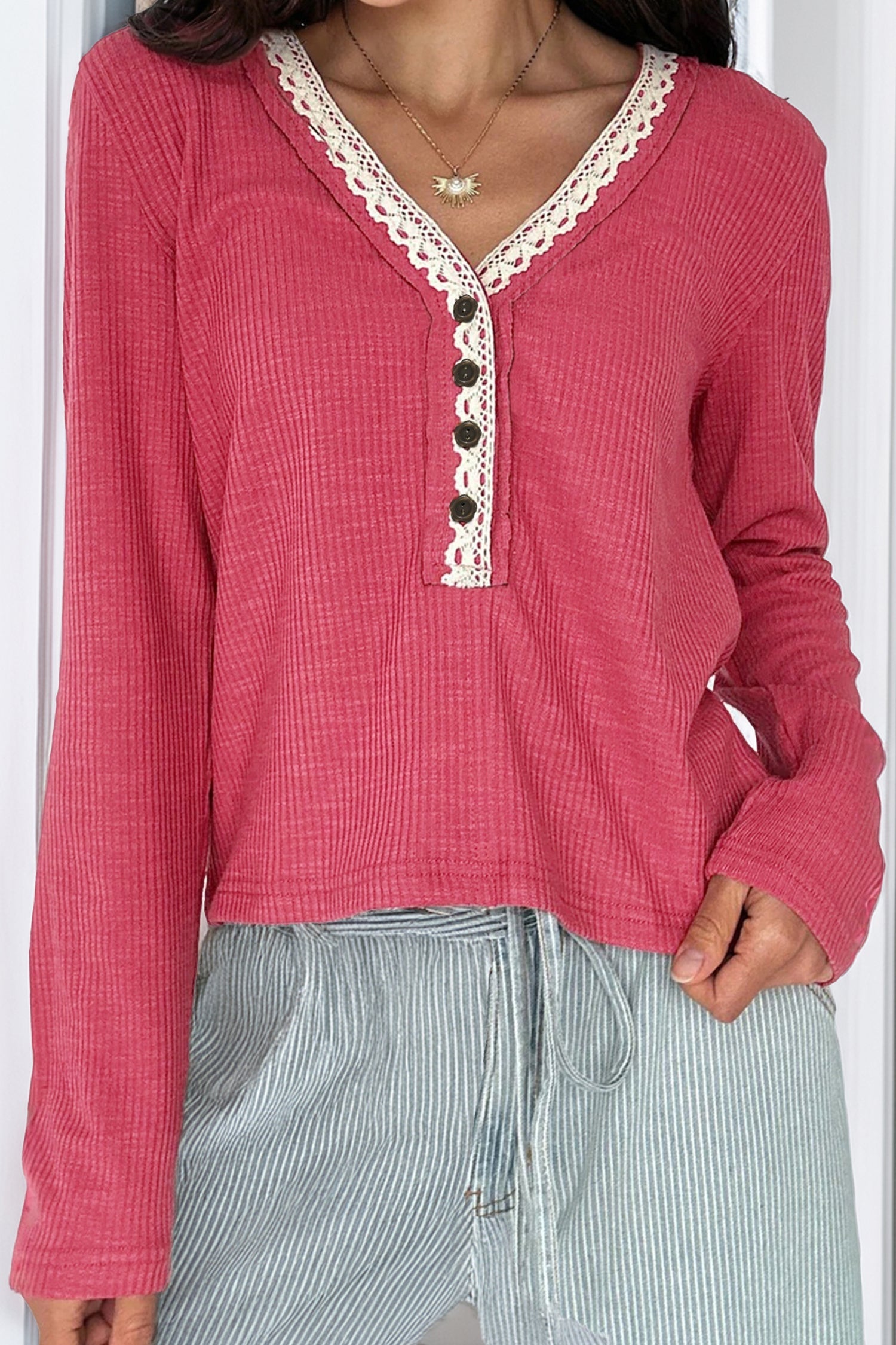 Ribbed Knit Lace Trim V-Neck Top