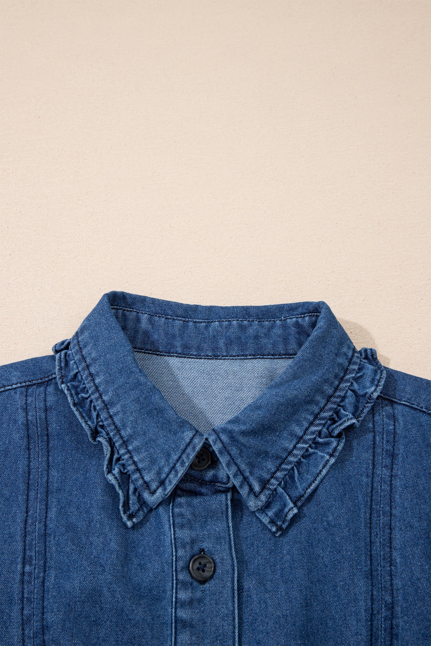 Denim Ruffle Edge Collared Button Up Dress