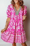 Boho Abstract Contrast Trim V-Neck Flared Dress