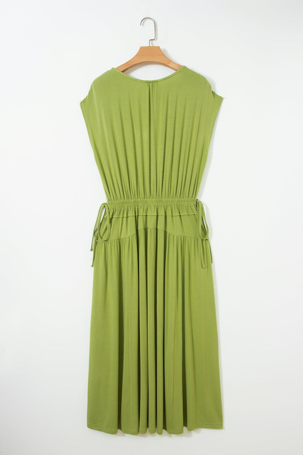 Solid V-Neck Cap Sleeve Elastic Waist Dress