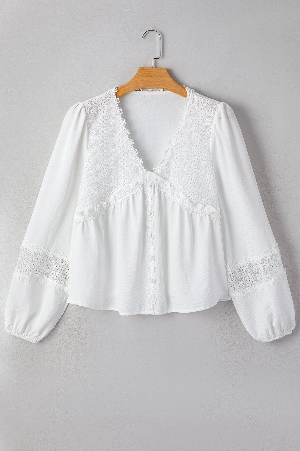 Solid Floral Guipure Lace Frilled Long Sleeve Blouse