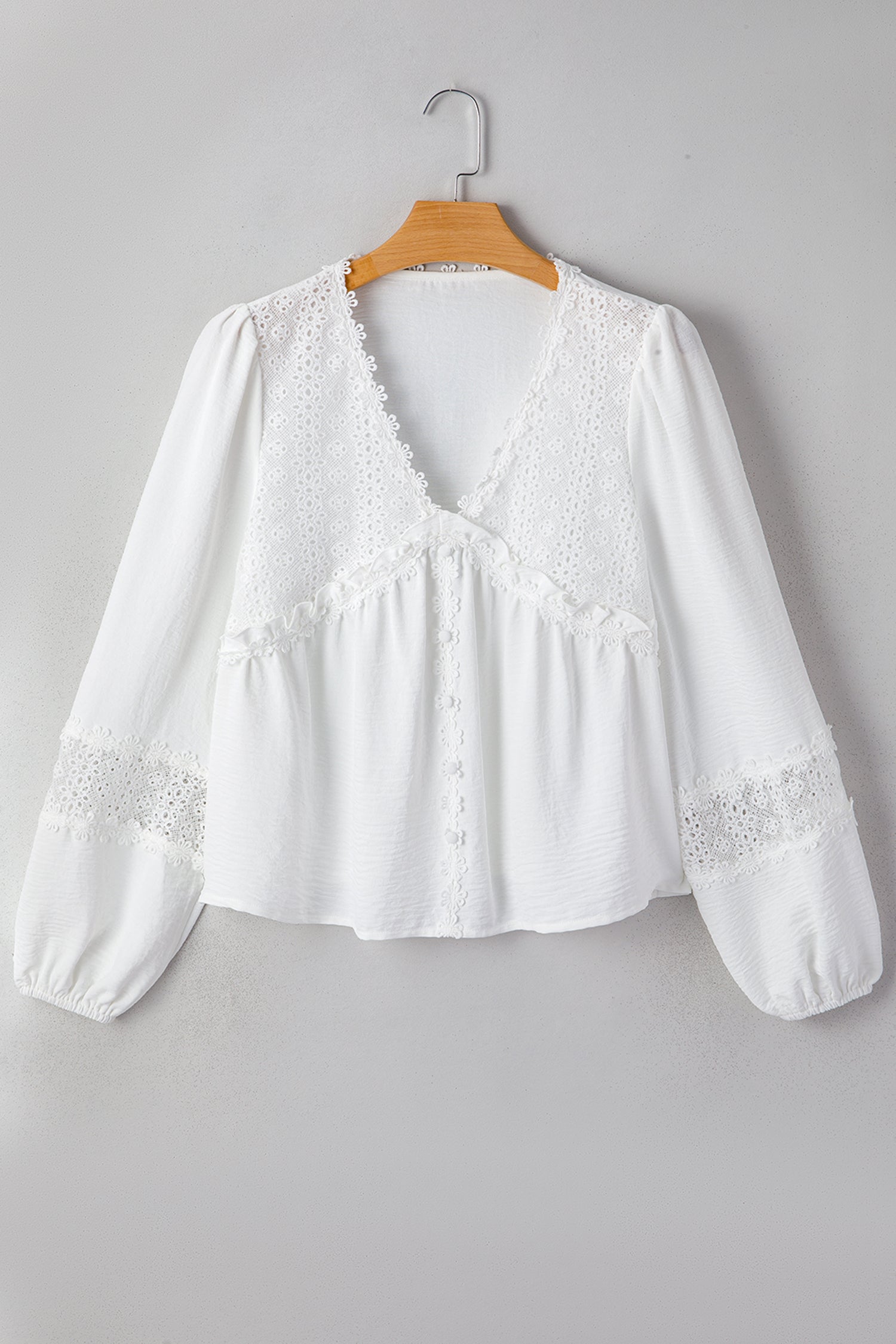 Solid Floral Guipure Lace Frilled Long Sleeve Blouse
