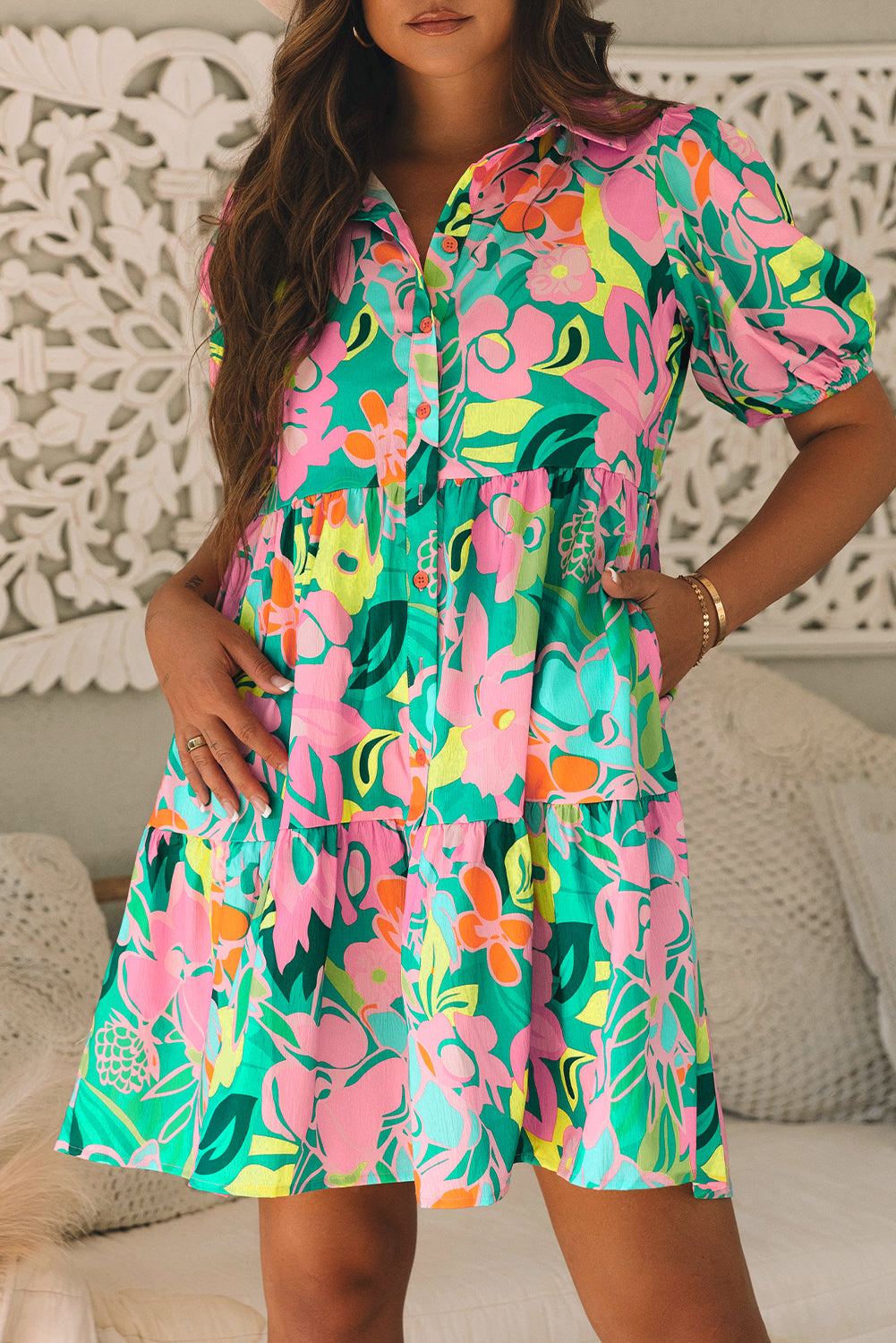 Floral Puff Sleeve Buttoned Collar Babydoll Dress