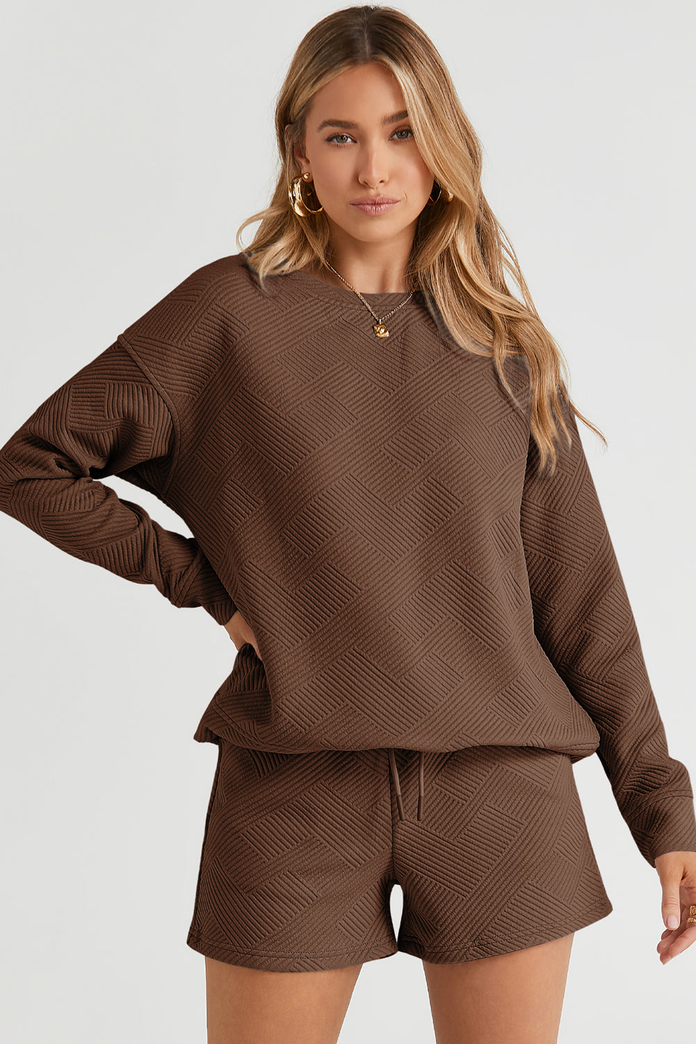 Textured Long Sleeve Top and Drawstring Shorts Set
