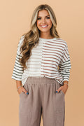Stripe Colorblock 3/4 Sleeve Loose T-Shirt