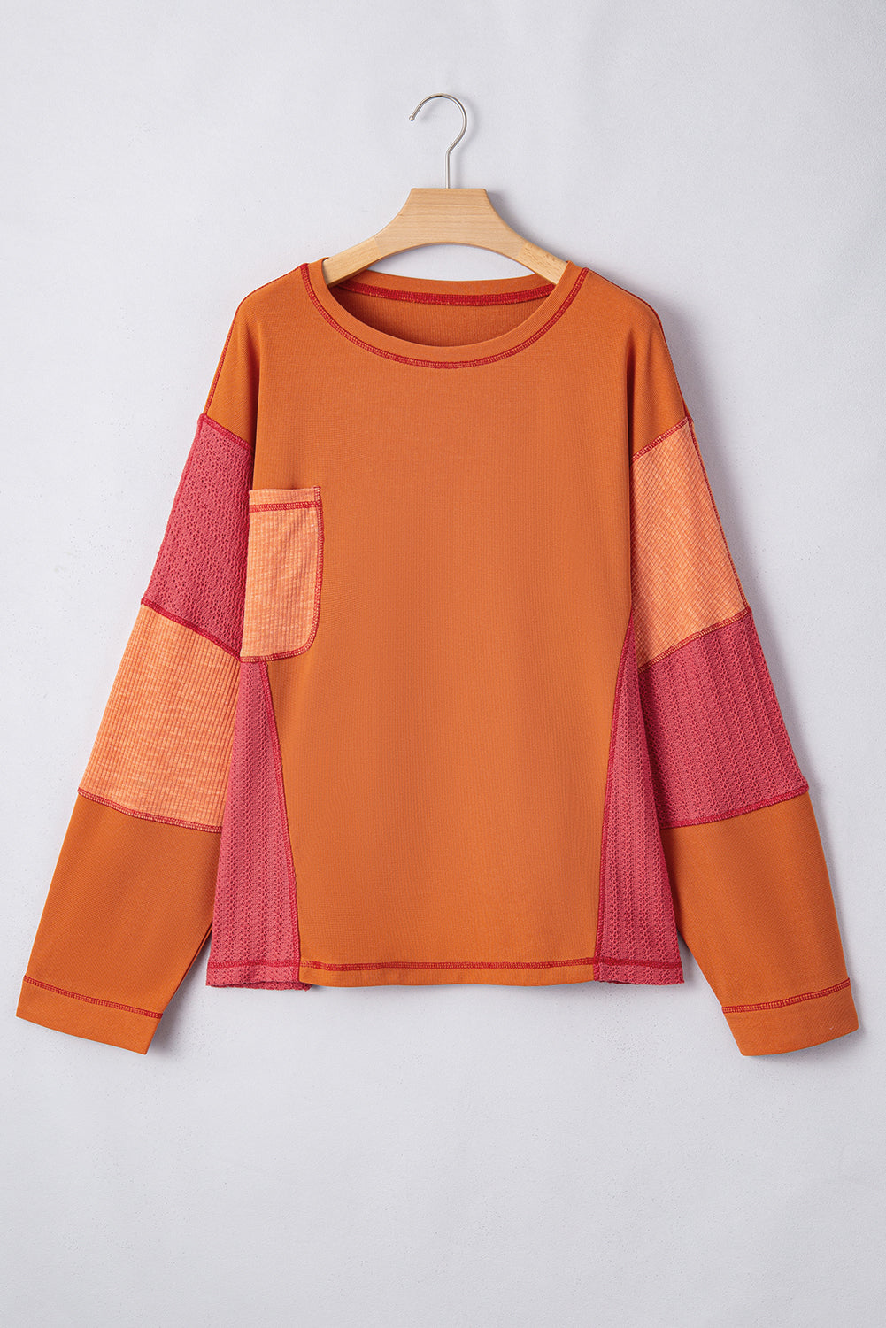 Plus Size Textured Knit Patchwork Chest Pocket Top