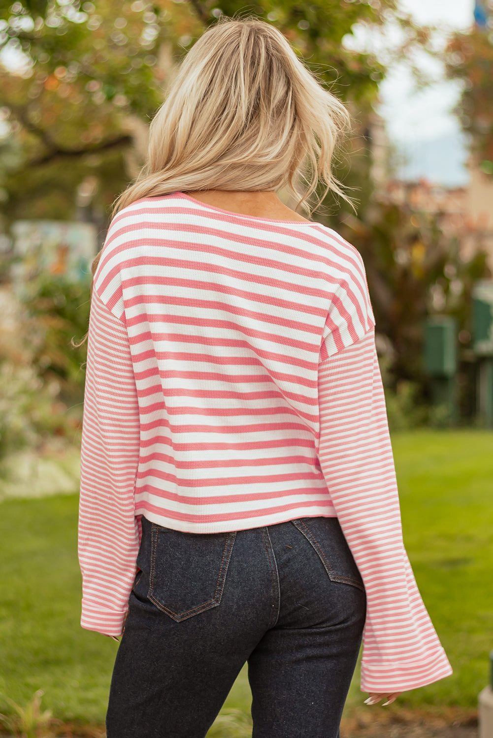 Colorblock Stripe Textured Dropped Long Sleeve Top