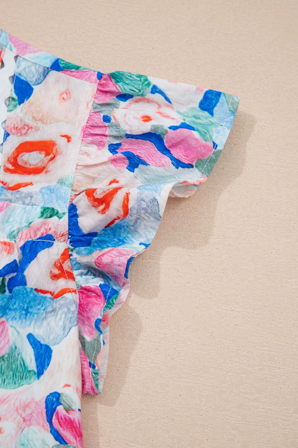 Floral Tie V-Neck Ruffle Short Sleeve Blouse