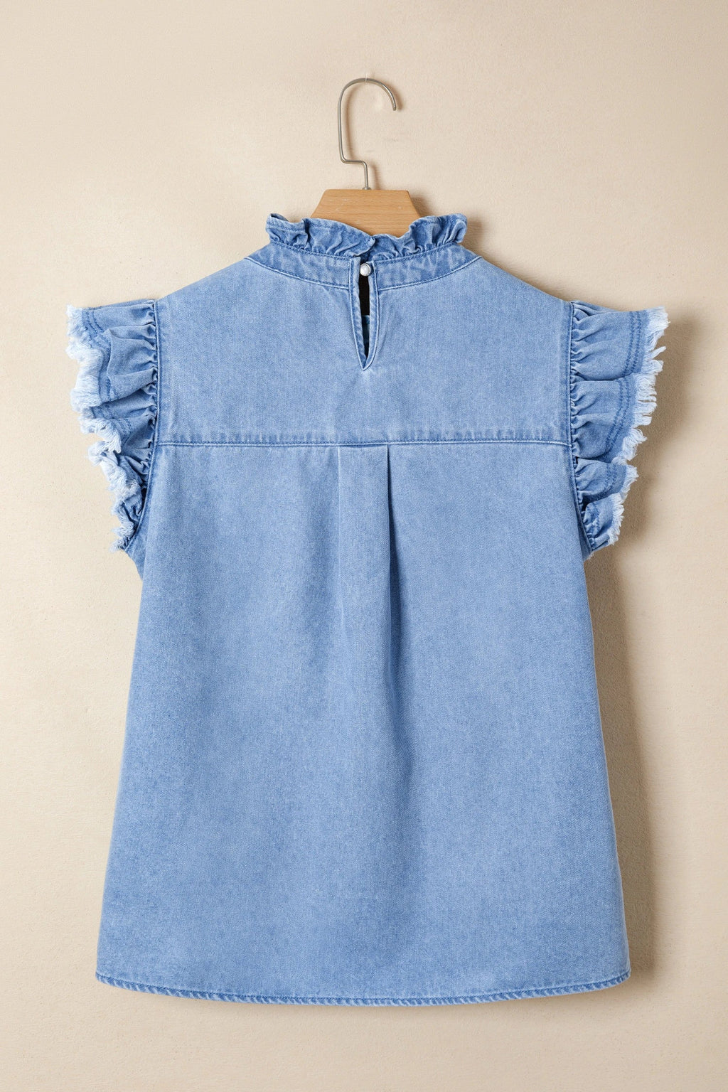 Denim Frilled Collar Flutter Sleeve Top