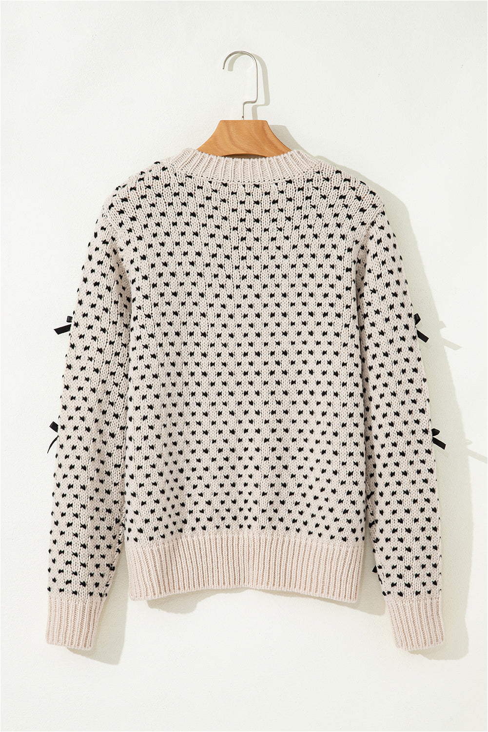 Bow Tie Ribbed Edge Crewneck Long Sleeve Sweater