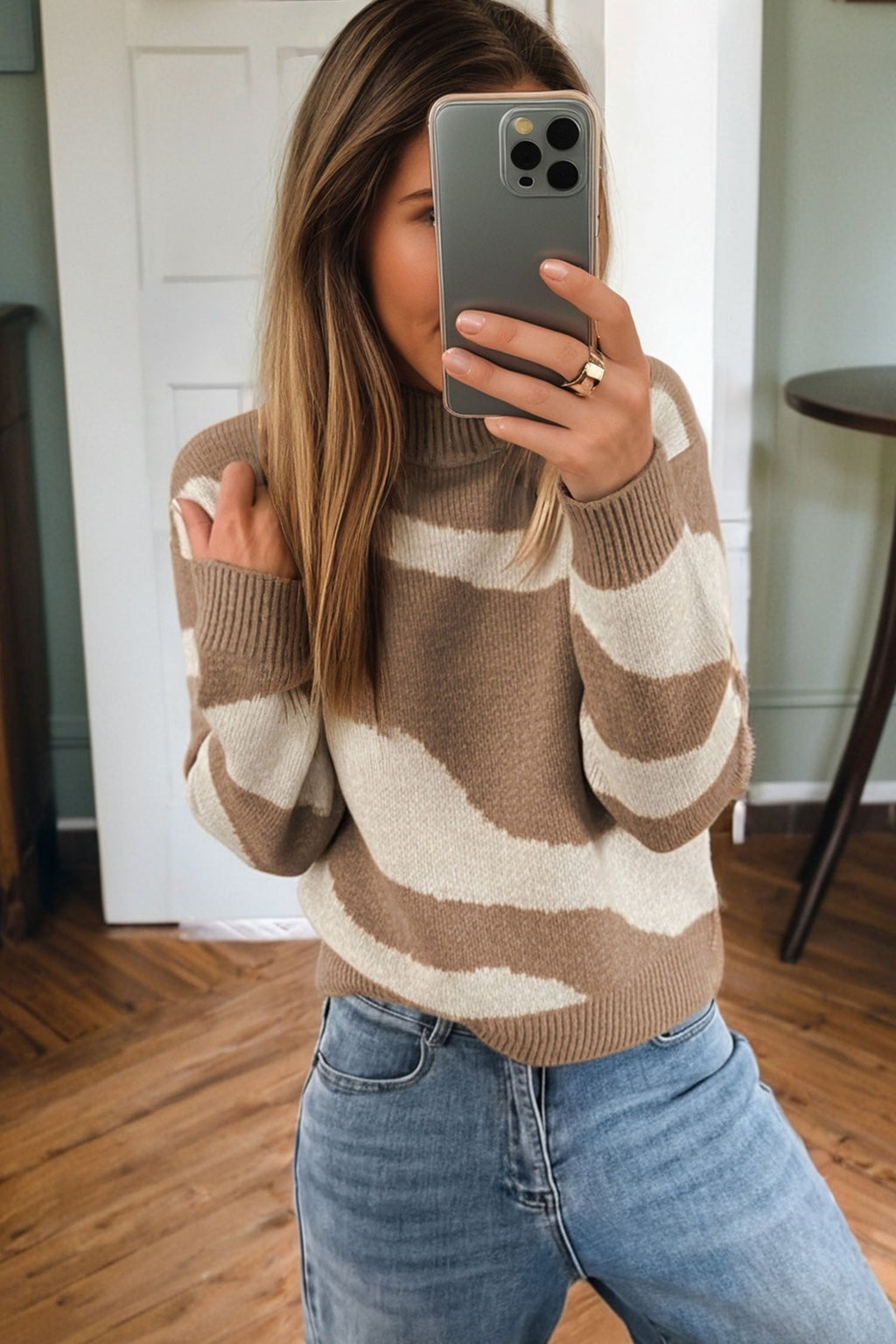 Abstract Ribbed Trim Mock Neck Sweater