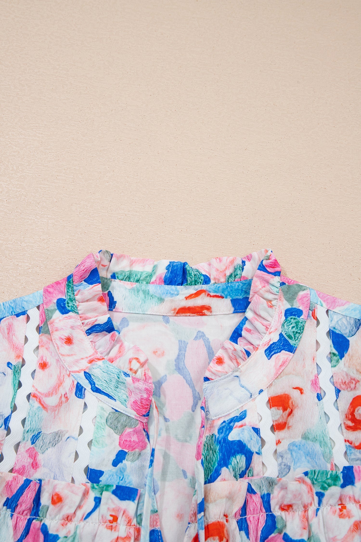 Floral Tie V-Neck Ruffle Short Sleeve Blouse
