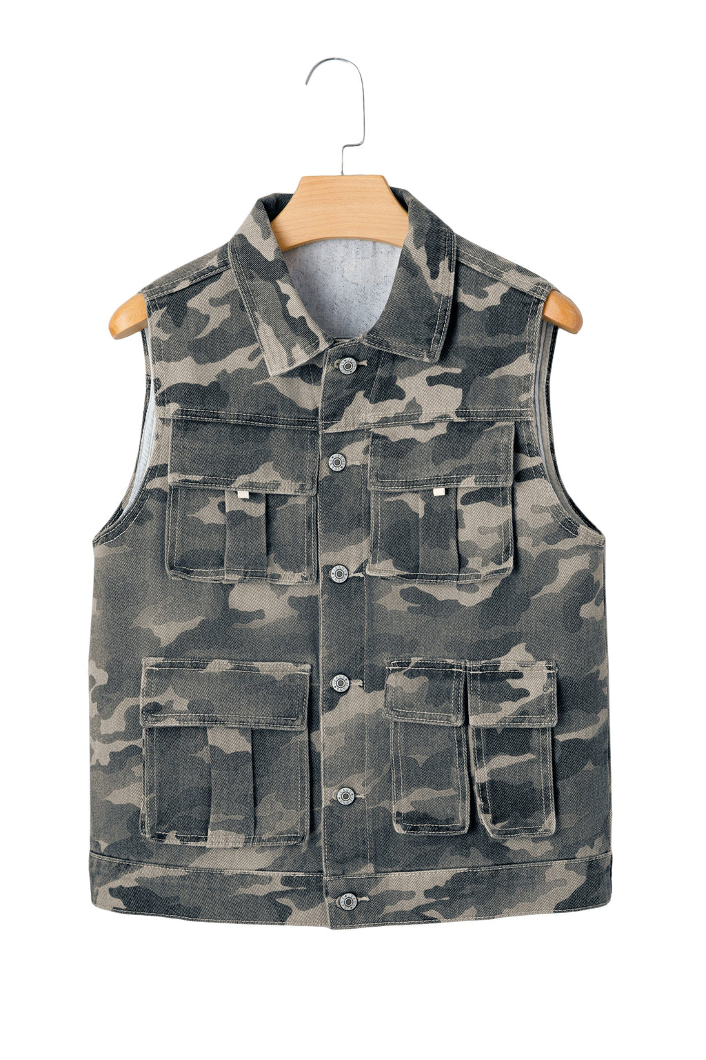 Camo Denim Cargo Pocket Buttoned Vest