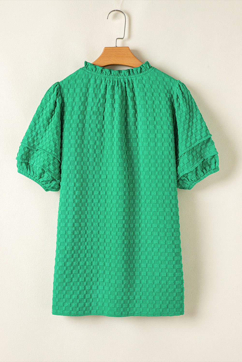 Textured Short Puff Sleeve Notch V-Neck Top