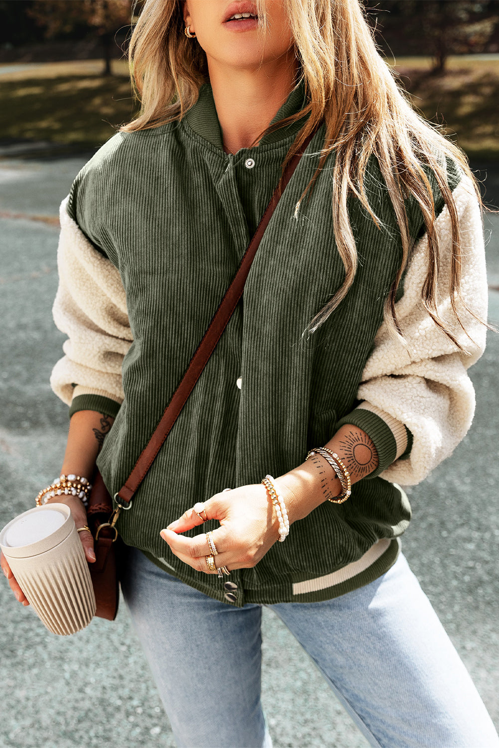 Colorblock Corduroy Fleece Patchwork Button-Up Bomber Jacket