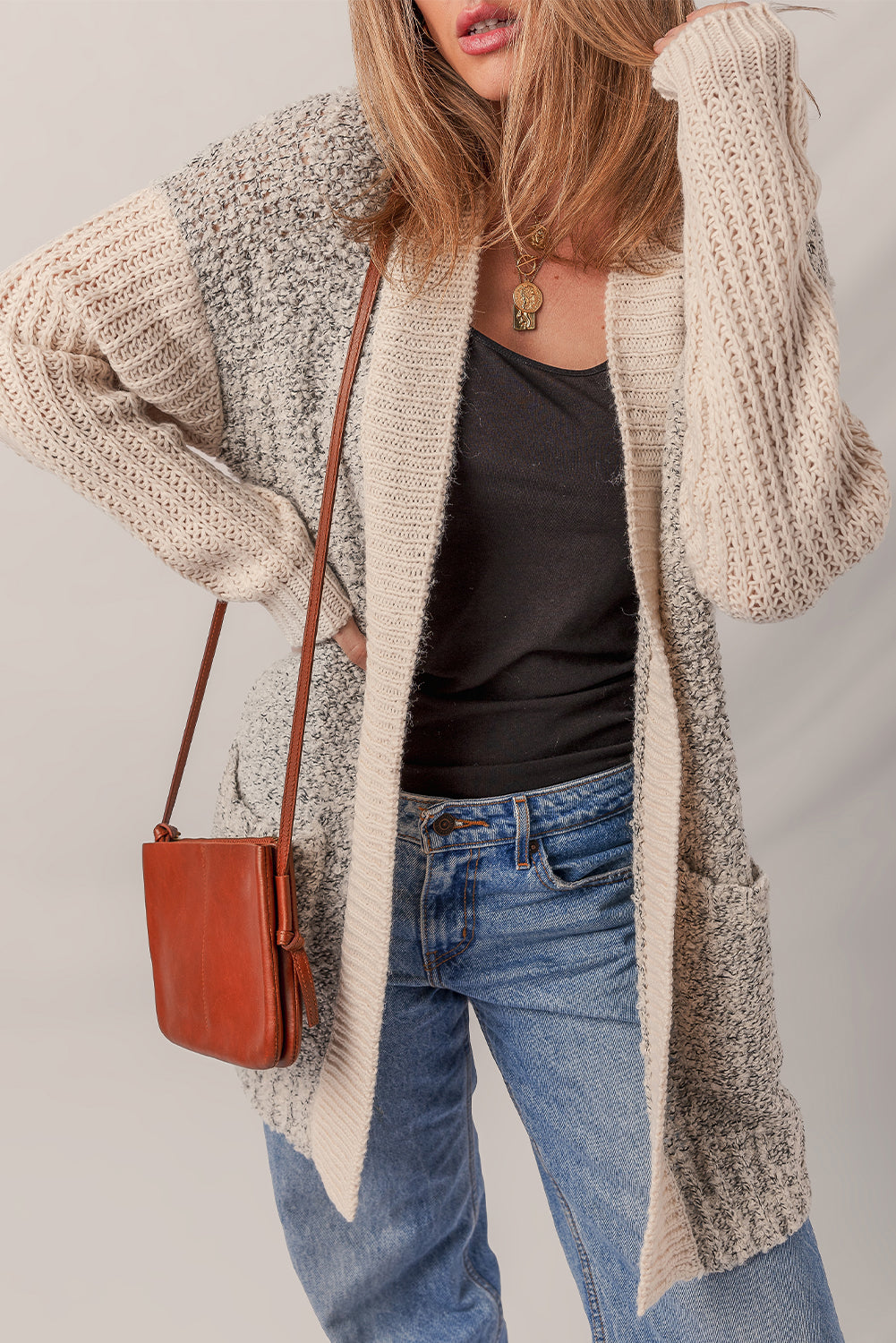 Colorblock Open Front Pocketed Cardigan