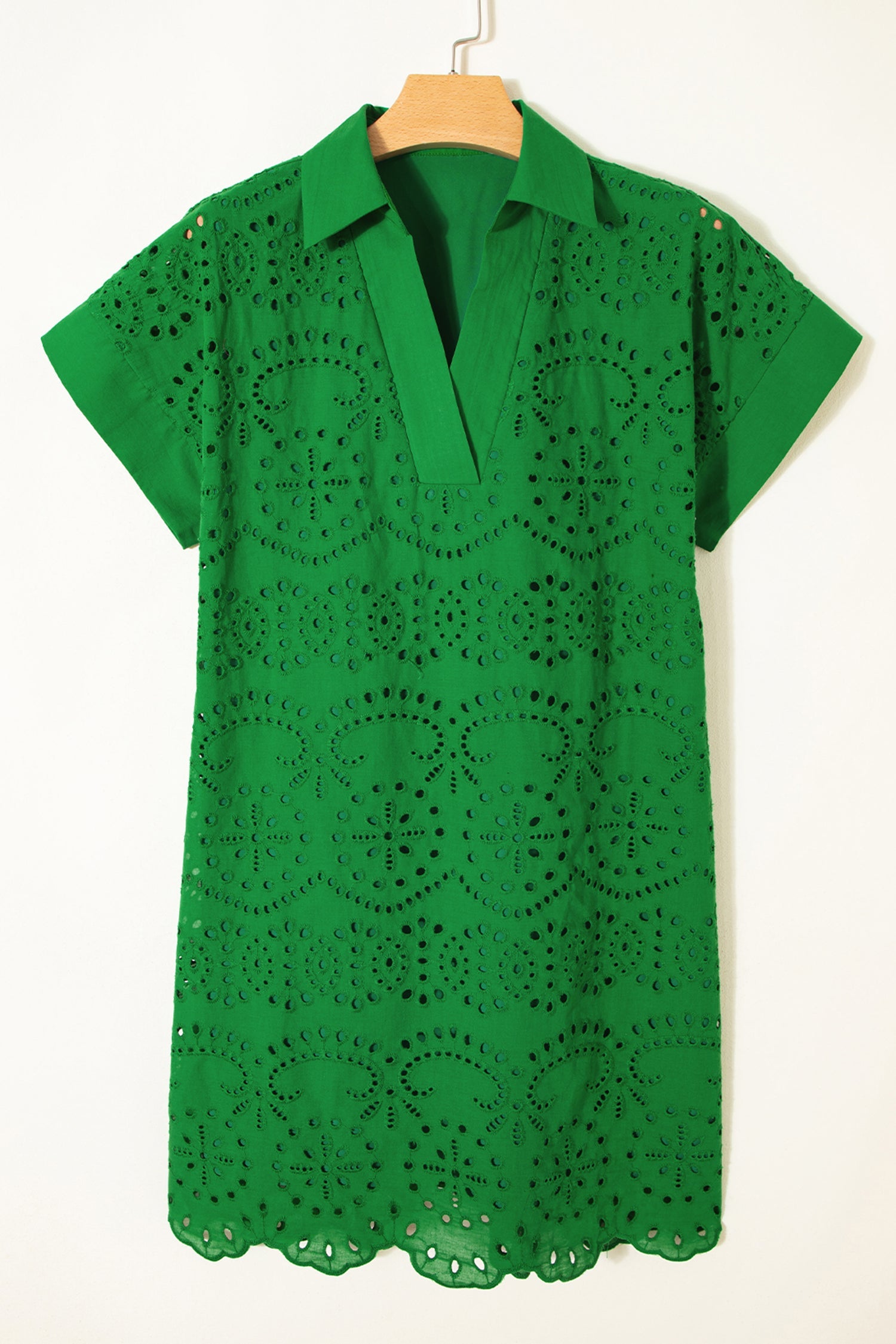 Solid Embroidered Eyelet Collared V-Neck Mini Dress
