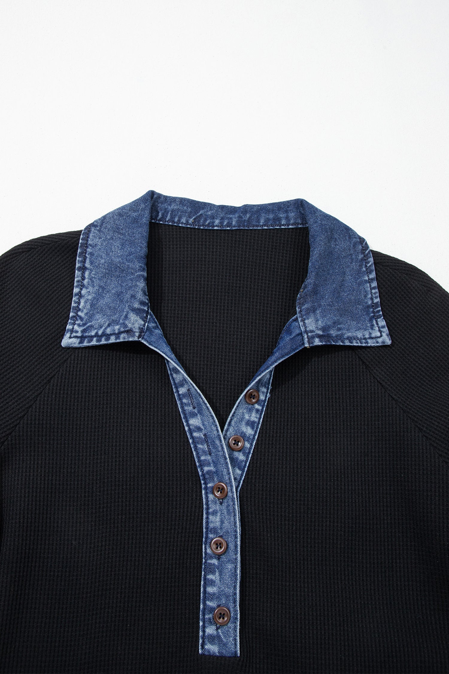 Denim Polo Collar Waffle Knit Patchwork Top