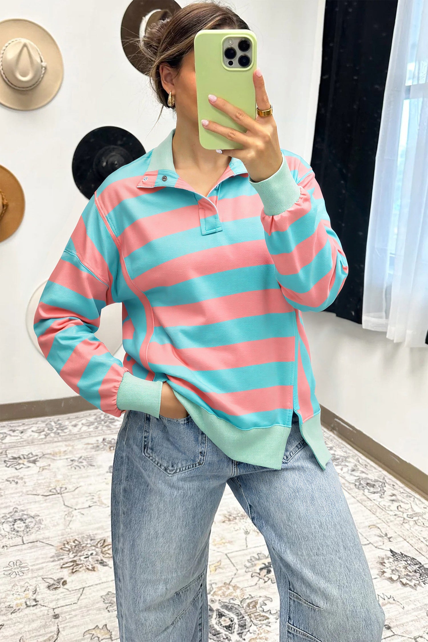 Colorblock Stripe Buttoned Collar Side Slit Top