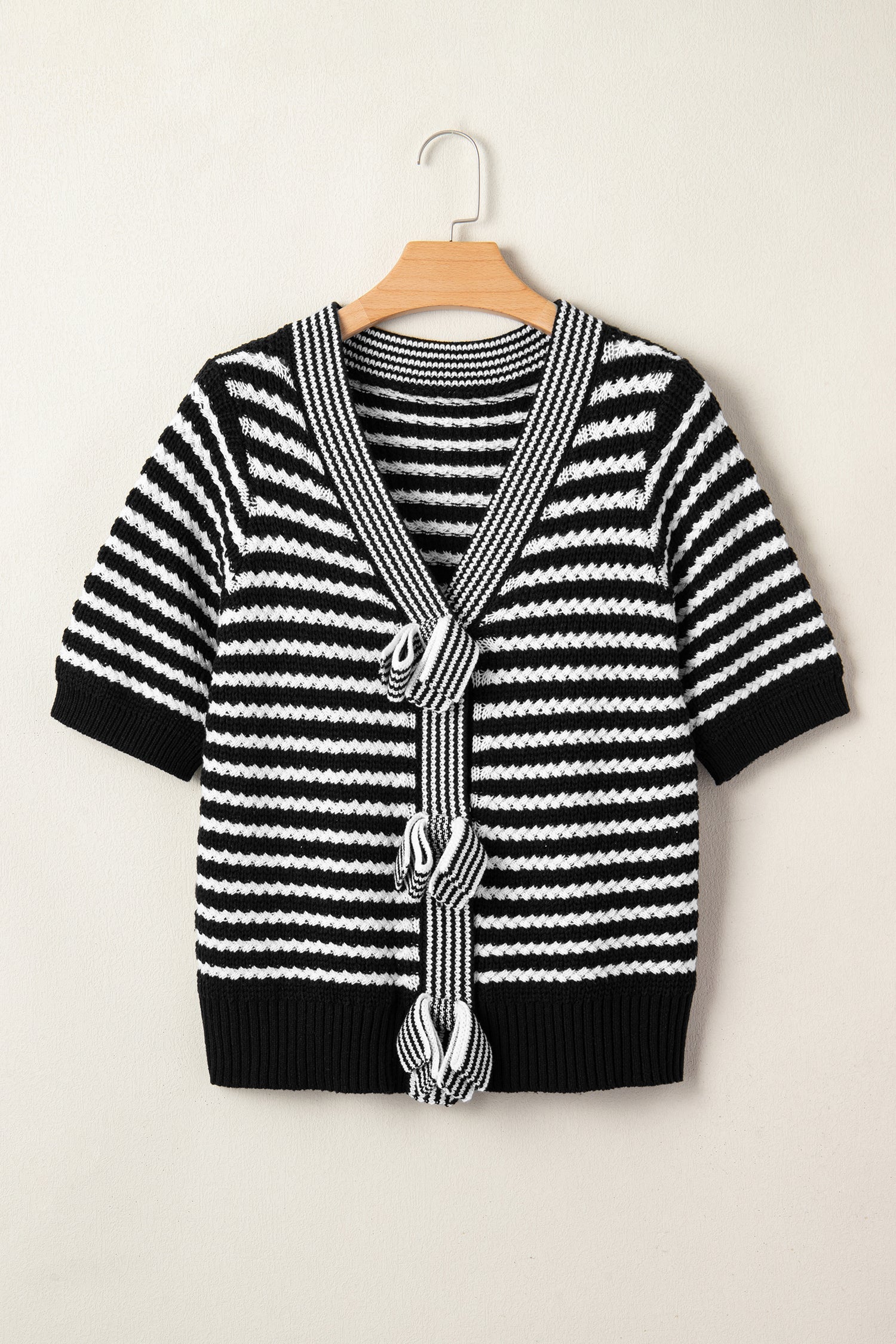 Stripe Bow Tie V-Neck Short Sleeve Sweater