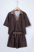 Leopard Collared V-Neck Top & Shorts Set