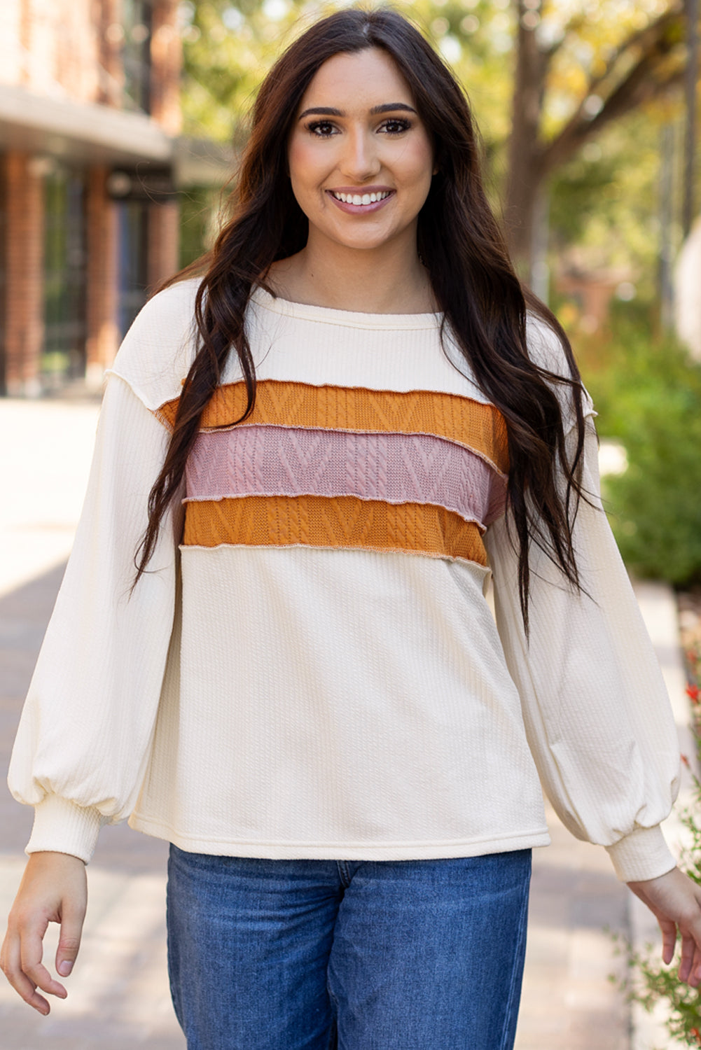 Corded Knit Reverse Seam Patchwork Drop Sleeve Top