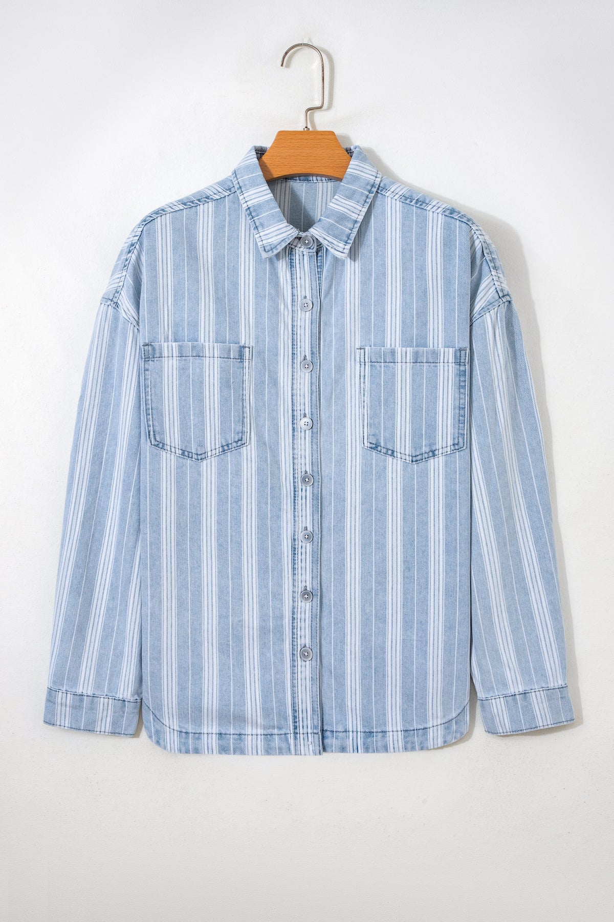 Stripe Denim Chest Pocket Boyfriend Shacket