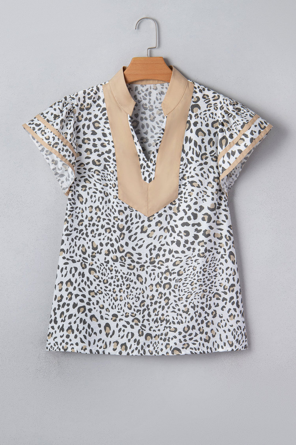 Leopard Colorblock Patchwork V-Neck Cap Sleeve Blouse