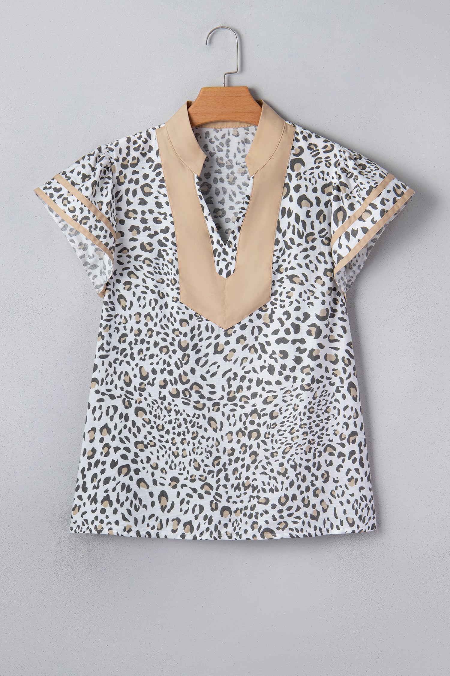 Leopard Colorblock Patchwork V-Neck Cap Sleeve Blouse