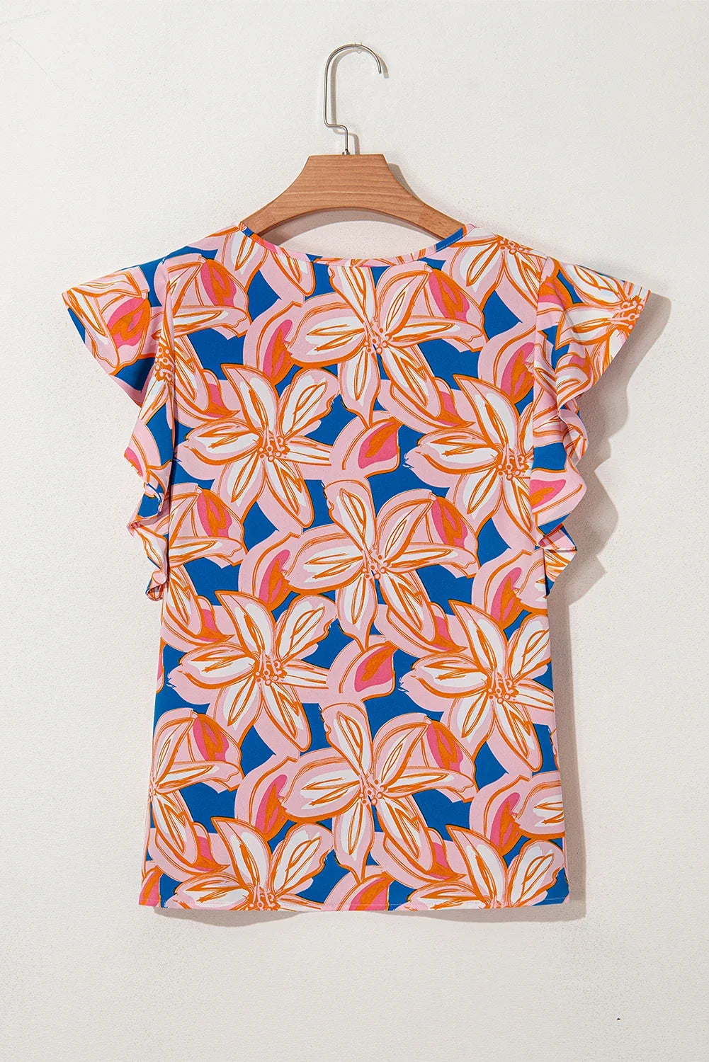 Flower Notch Neck Ruffle Sleeve Blouse