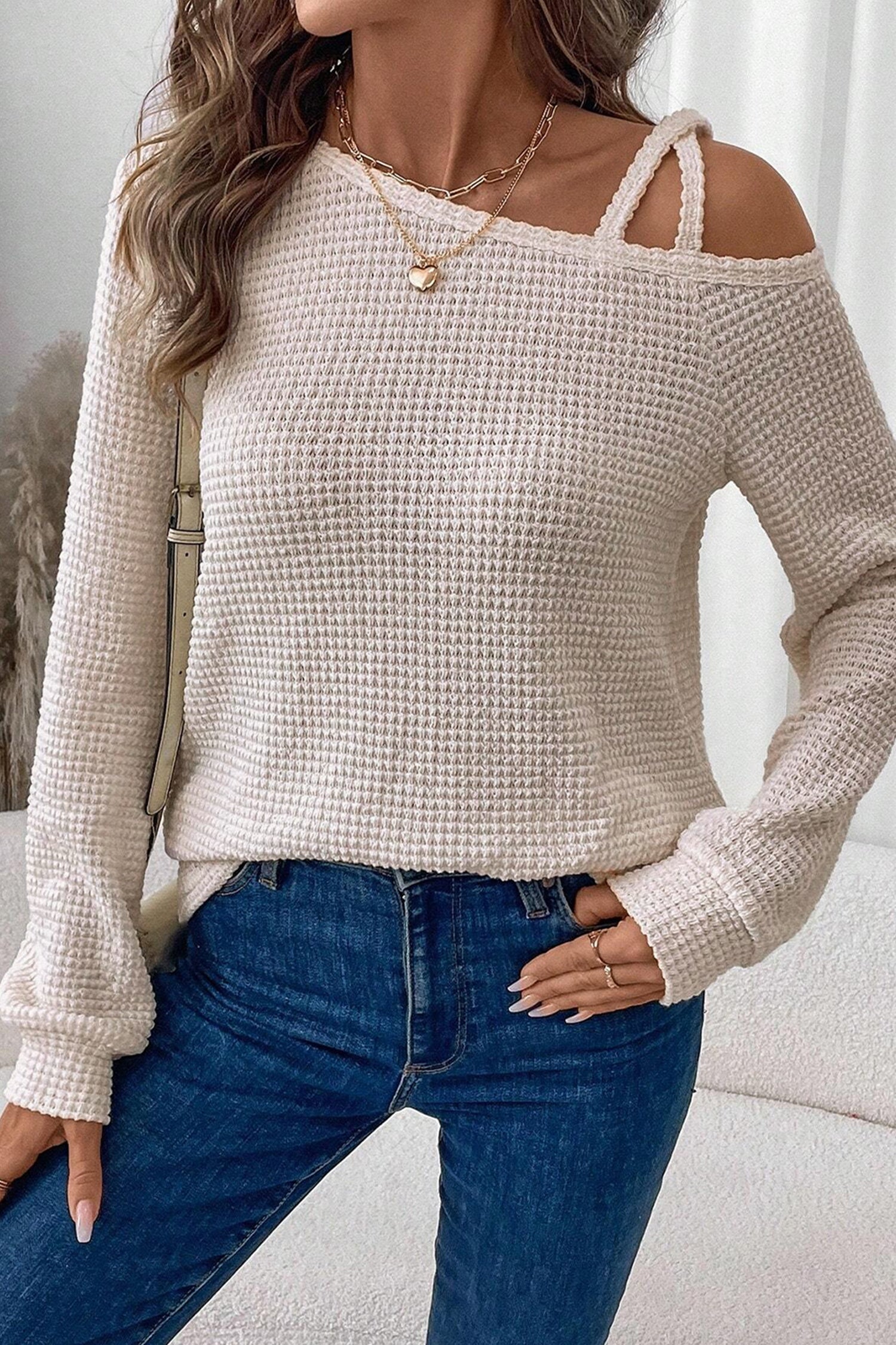 Textured Knit Asymmetric Shoulder Long Sleeve Top