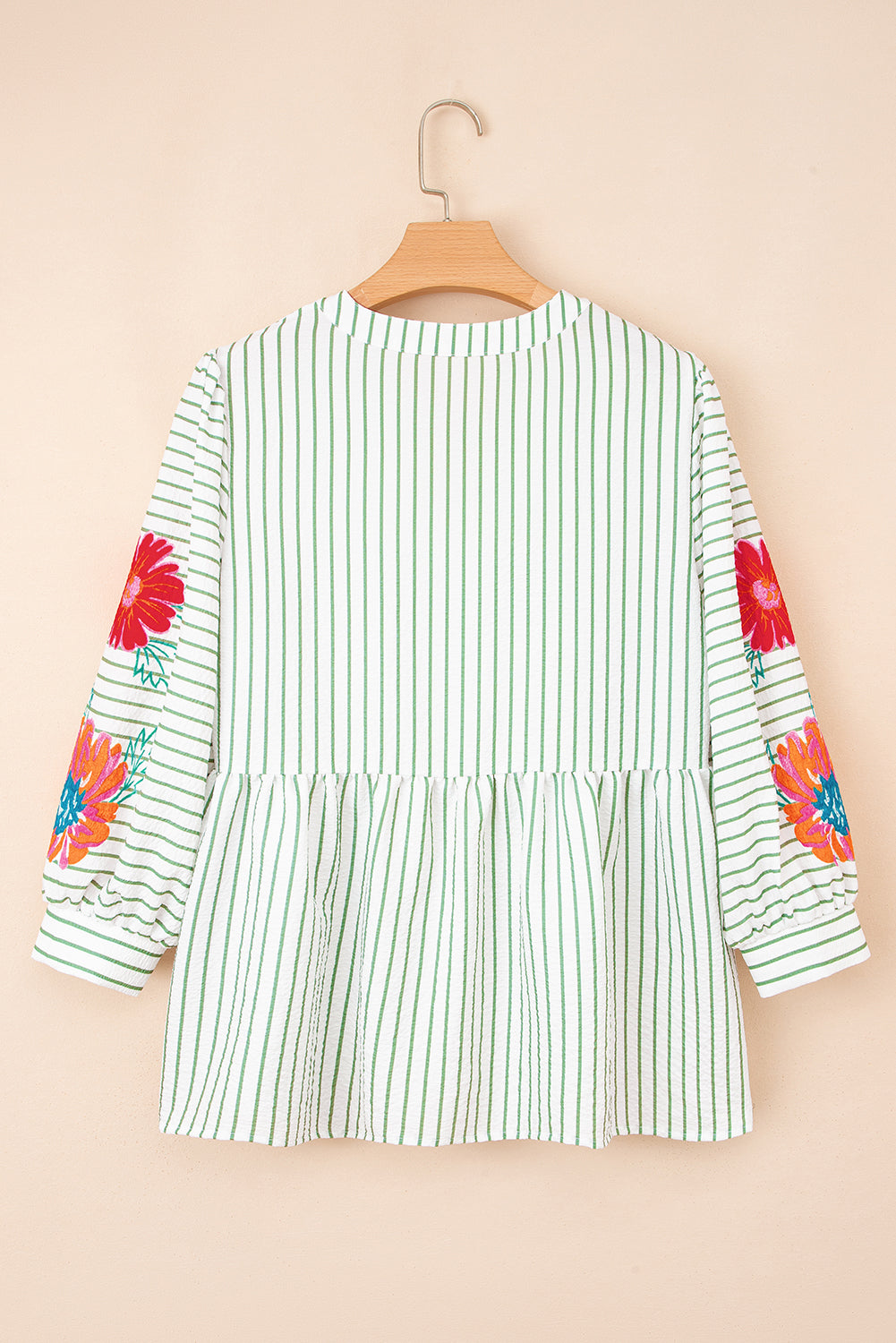 Floral Stripe Puff Sleeve Notched V-Neck Blouse