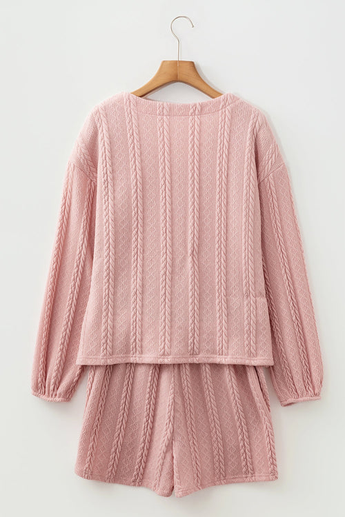 Cable Knit V-Neck Cardigan and Shorts Set
