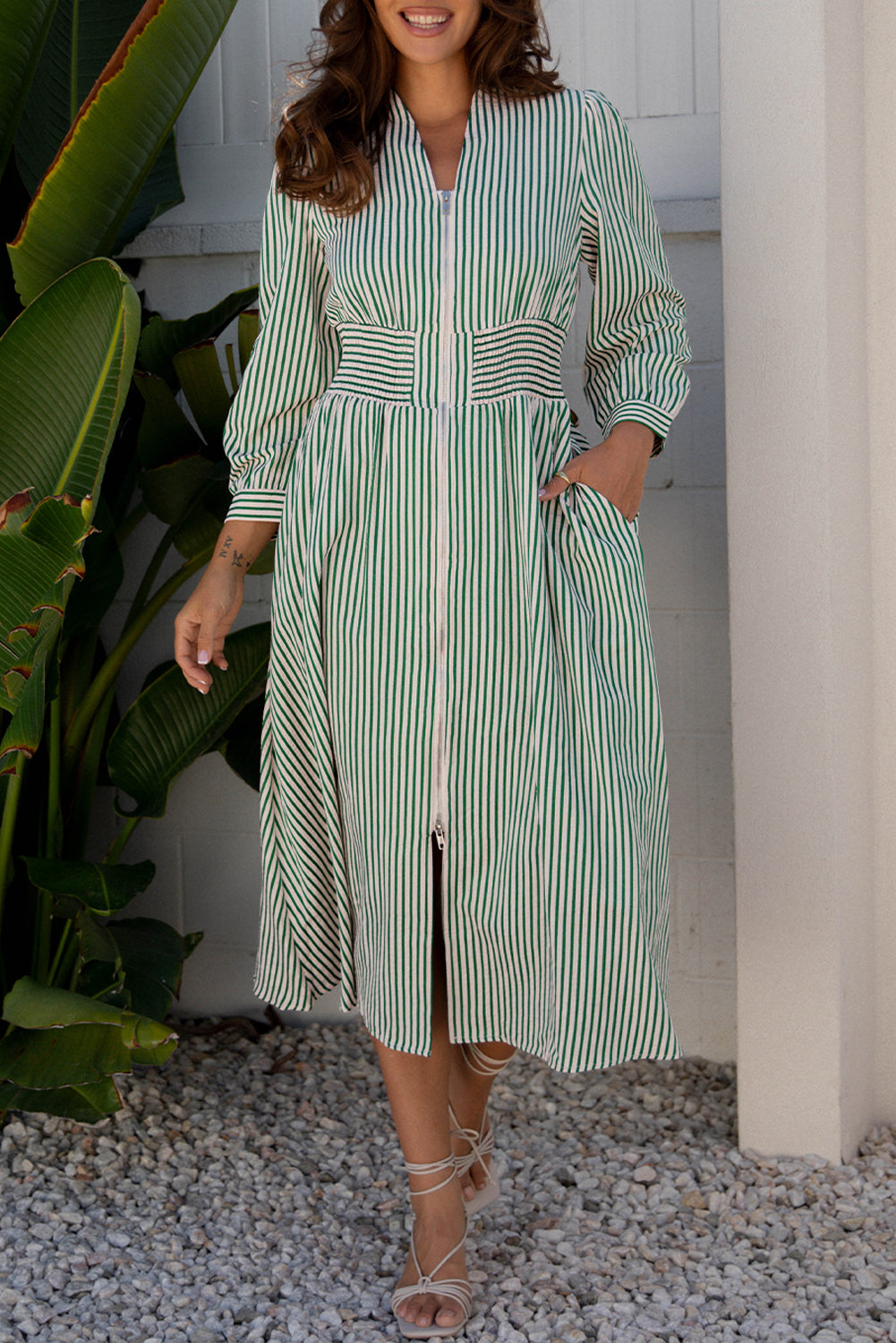Stripe V-Neck Zip Front Midi Dress