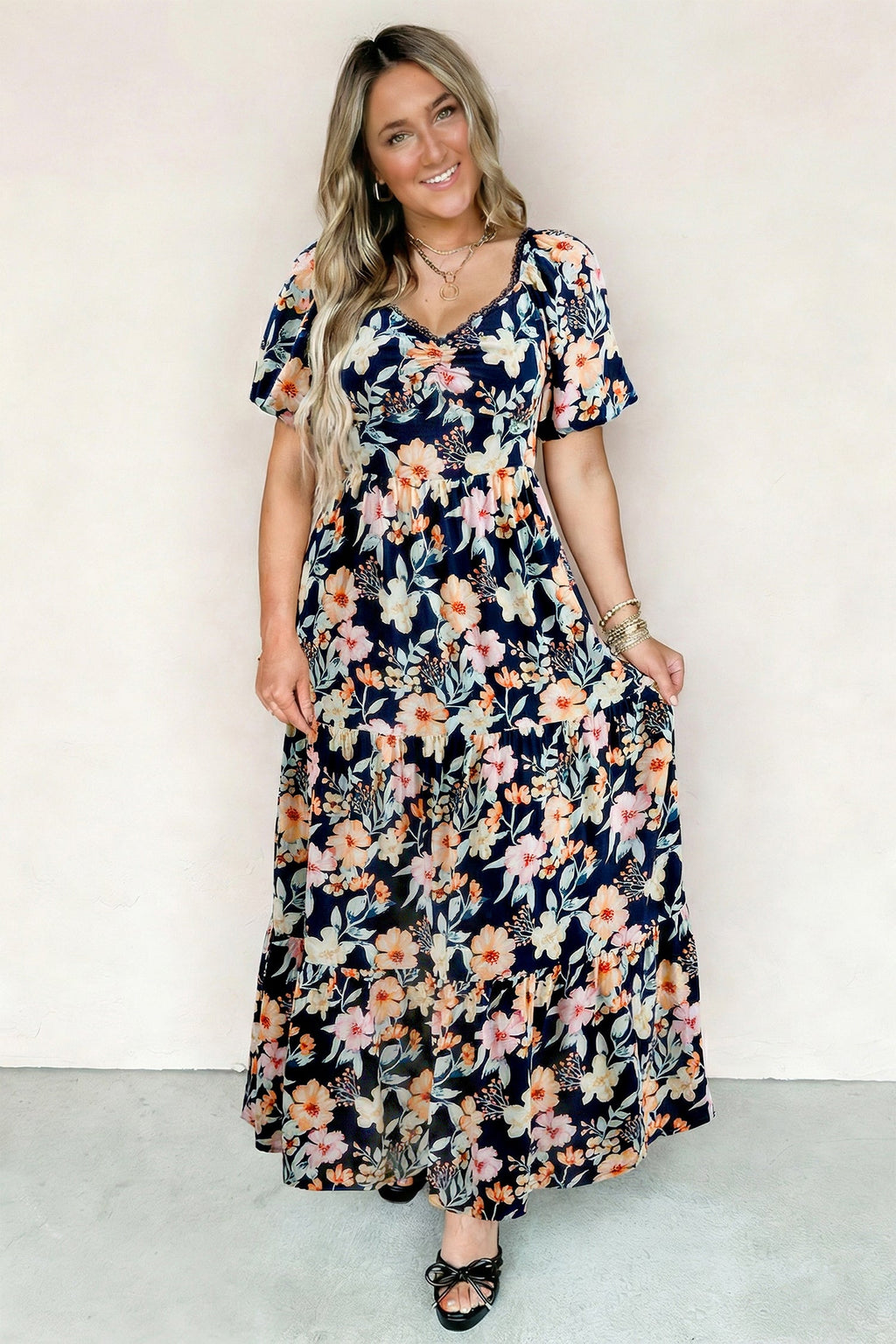 Floral Short Sleeve Smocked High Waist Maxi Dress
