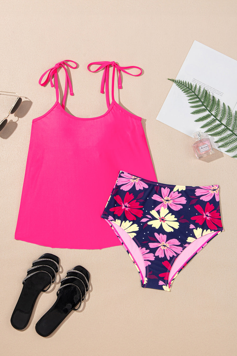 Solid Tie Strap Top & Floral Bottom Tankini Set