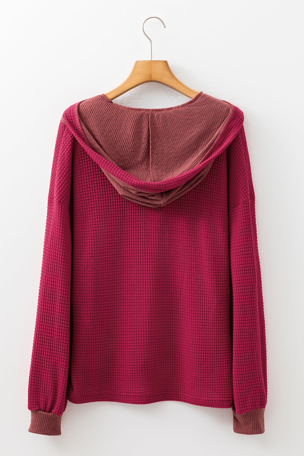Waffle Patchwork Drop Shoulder Long Sleeve Hooded Top
