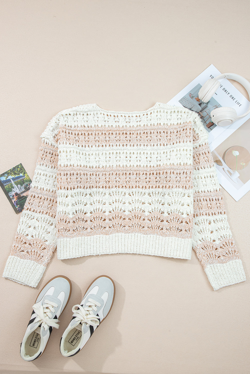 Colorblock Hollow-Out Drop Shoulder Sweater