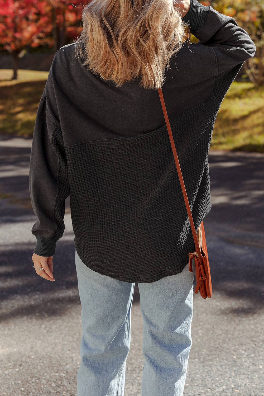 Waffle Knit Patchwork Half-Zip Sweatshirt