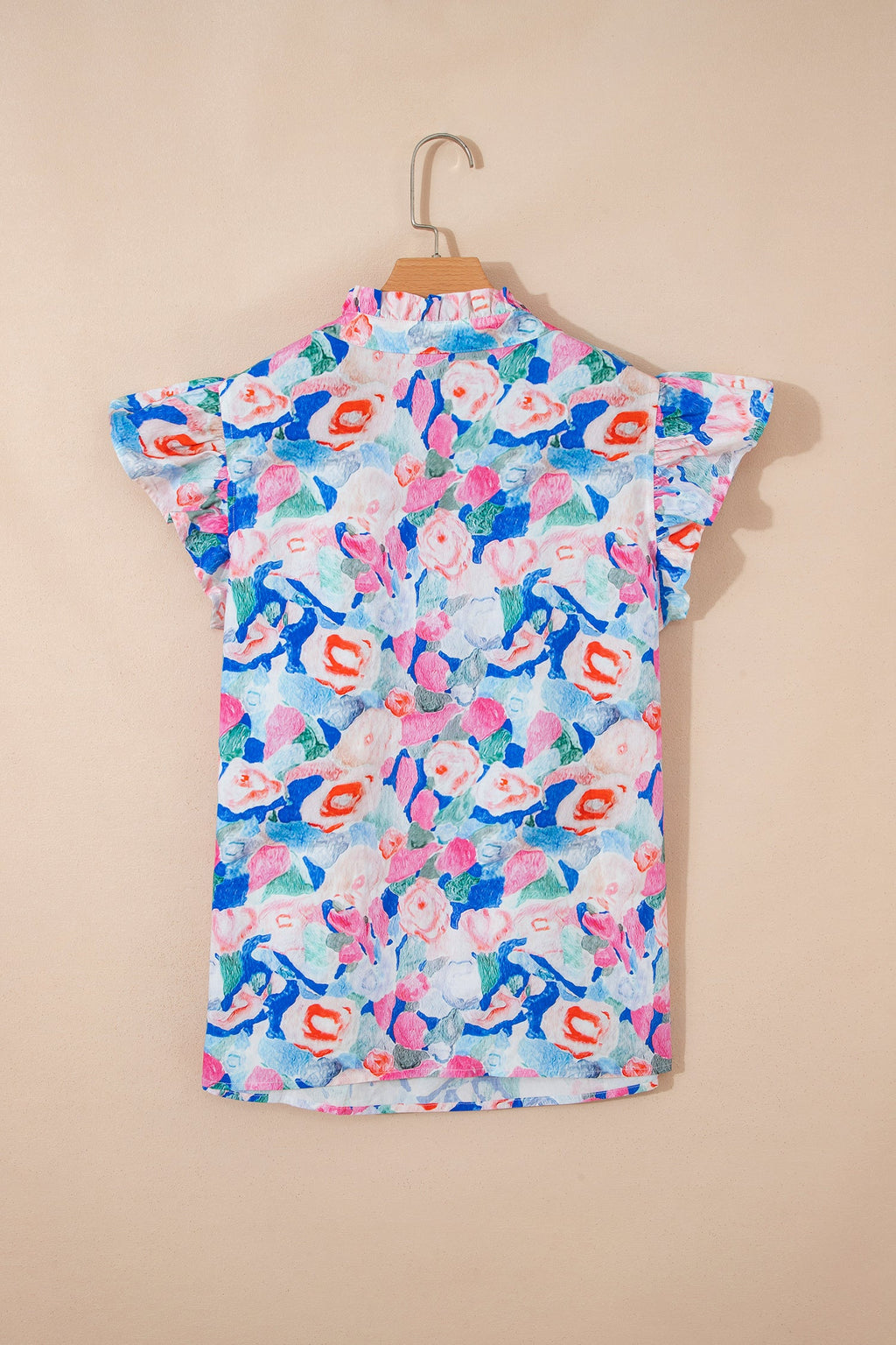Floral Tie V-Neck Ruffle Short Sleeve Blouse