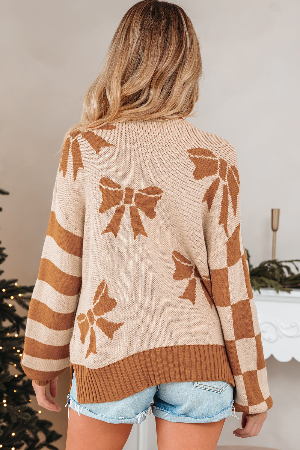 Bow Checker Stripe Patchwork Sleeve Sweater