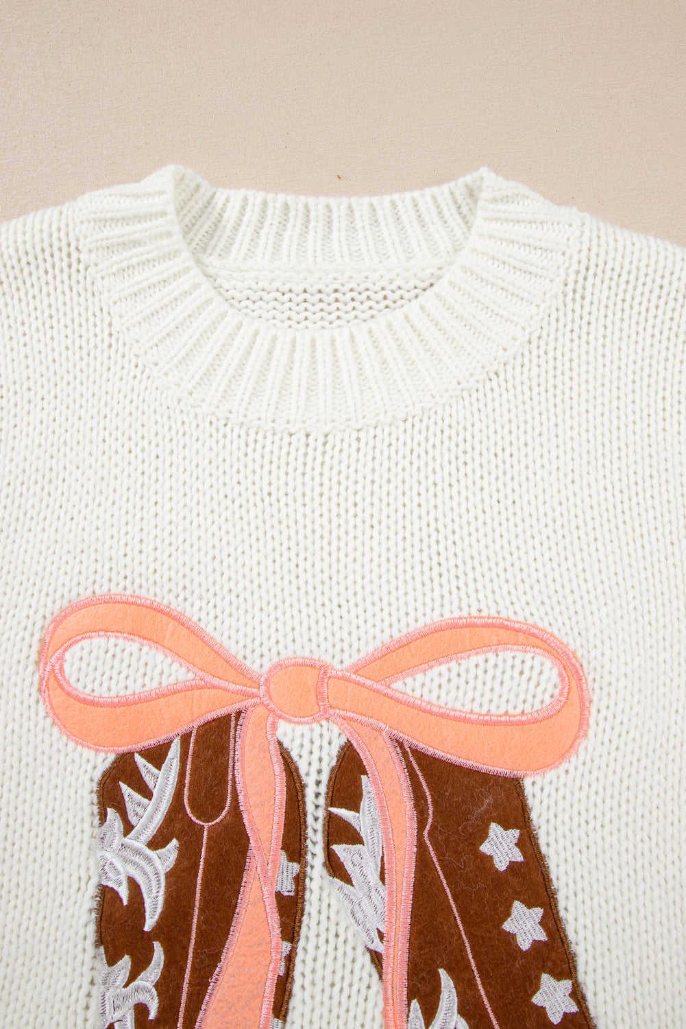 Western Bow Tie Boots Embroidered Drop Shoulder Sweater