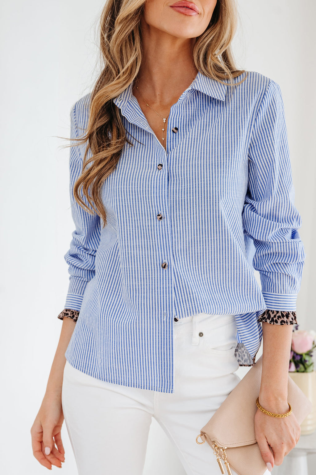 Stripe Leopard Ruffle Long Sleeve Buttoned Shirt