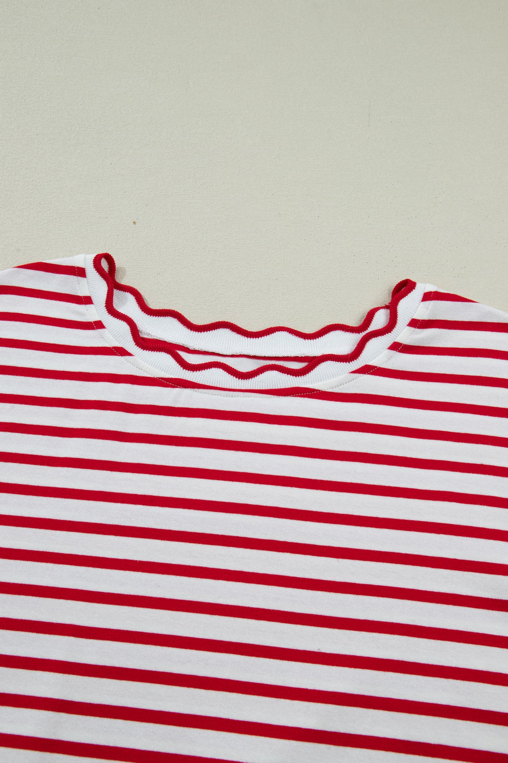 Plus Size Stripe Scalloped Trim Round Neck Top