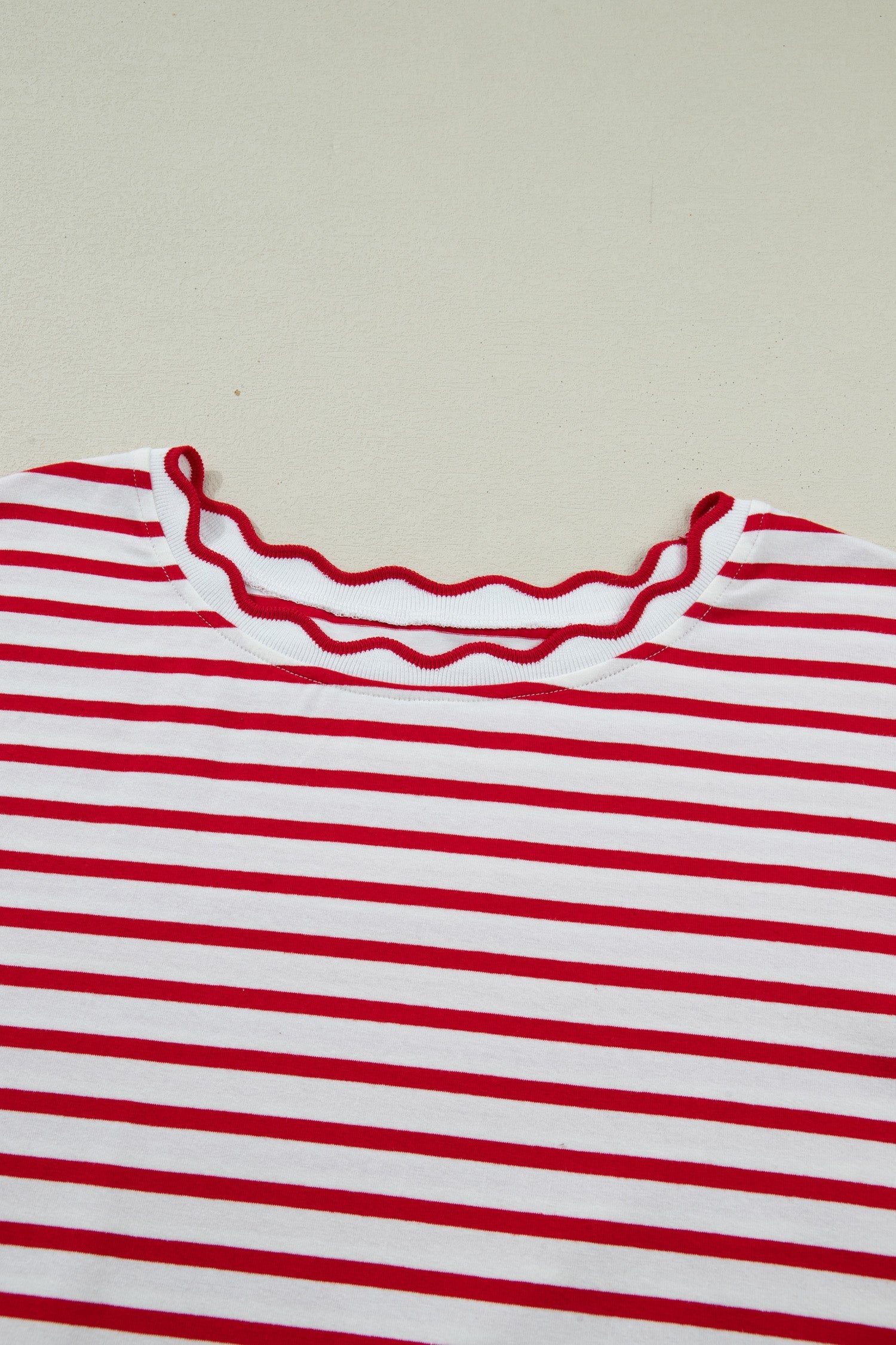 Plus Size Stripe Scalloped Trim Round Neck Top